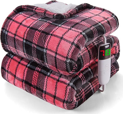 Pink Heated Blanket Electric Full Size,72X84 Heating Blanket with 10 Heats Levels&8 Hours Auto Off&Timer,Plaid Soft Sherpa Pink Blankets Warmer Gift for Grandma Women Adult,Fast Heating Washable