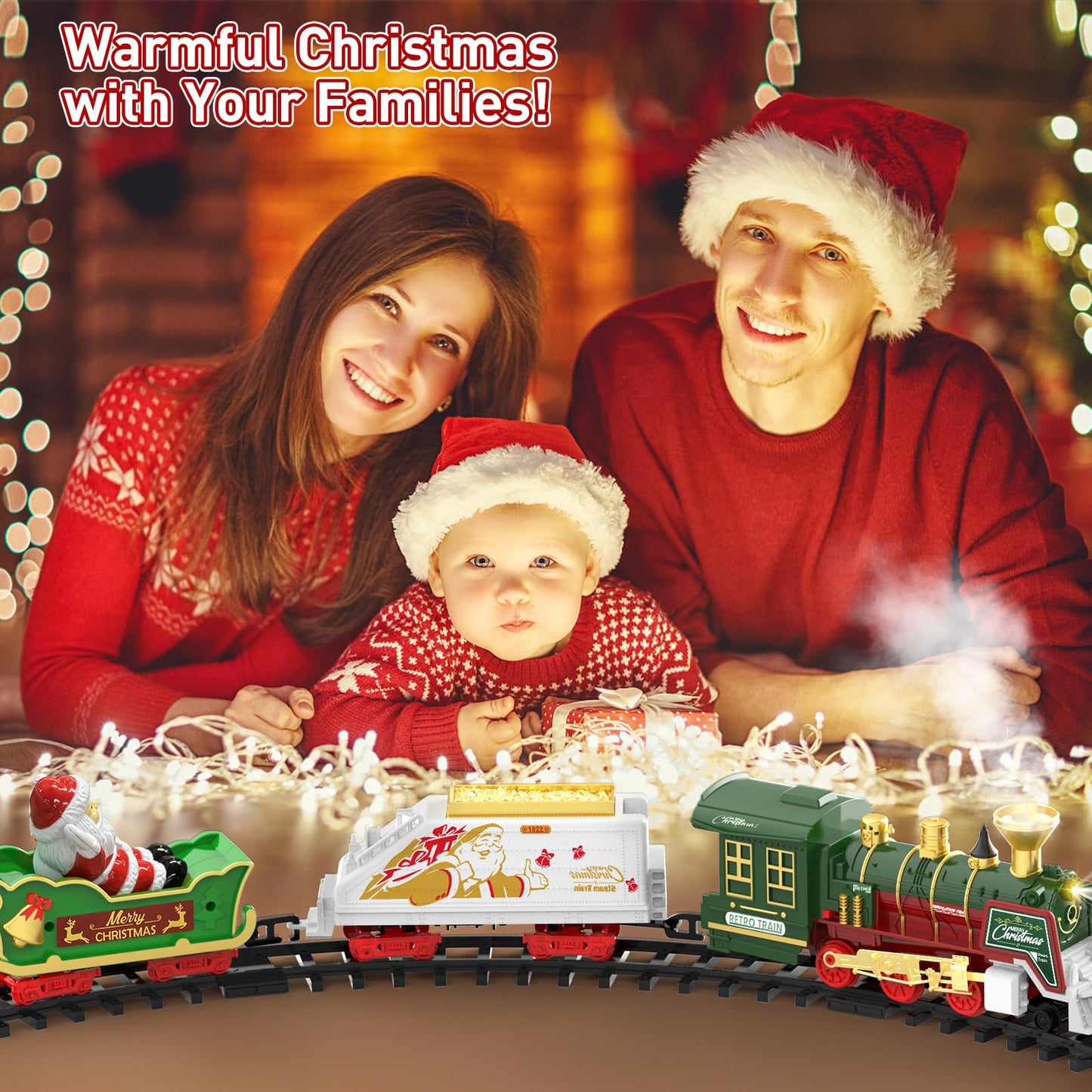 TERRAMUS Christmas Train Set - Hanging Train Toys with Smoke Light & Sound for Boys Girls,Train Set Around Under The Christmas Tree with Steam,Carriages Tracks for 3-12 Years Old Kids Decoration Gift