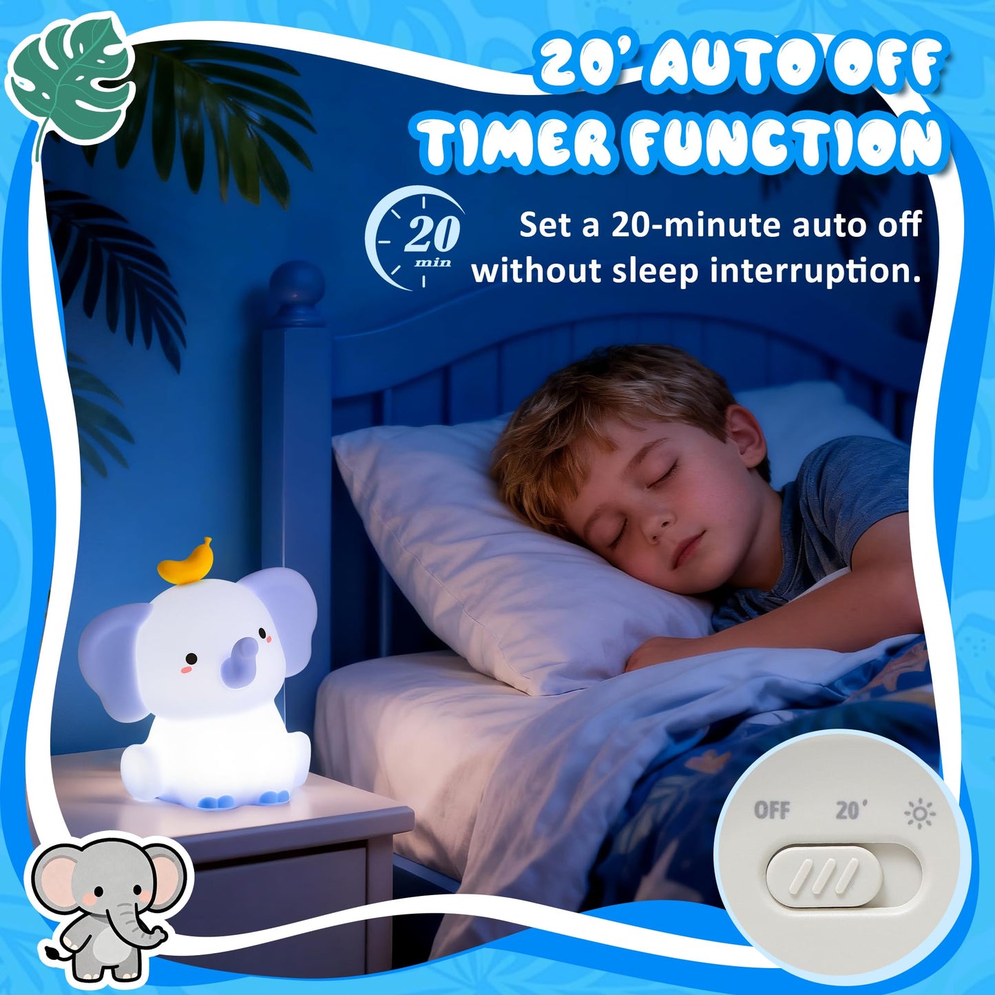 Ammonite Blue Elephant Night Light, Soft Silicone Elephant Nursery Lamp with 2 Dimming Levels and 20-Minute Timer, Touch Control Nightlight for Bedroom Decor, Christmas Birthday Gift