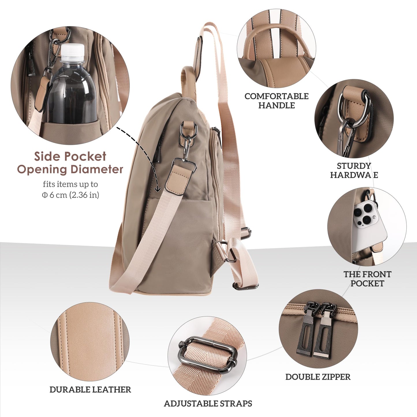 PINCNEL Women Khaki Medium Backpack Purse Waterproof Nylon Anti-theft Rucksack Lightweight Shoulder Bag