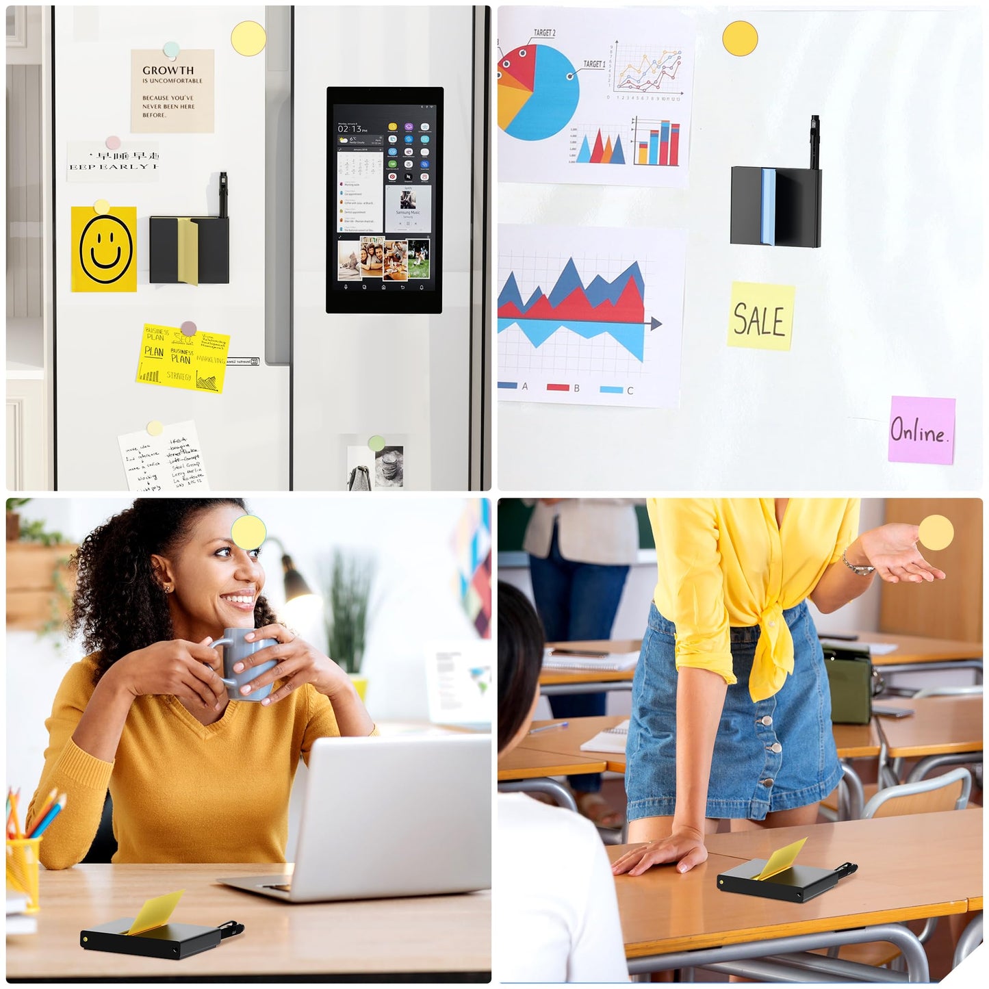 Sticky Note Dispenser, Magnetic Sticky Note Holder for Post It Notes, 3 x 3 Inch Sticky Note Pen Organizer for Office Home Classroom, Black