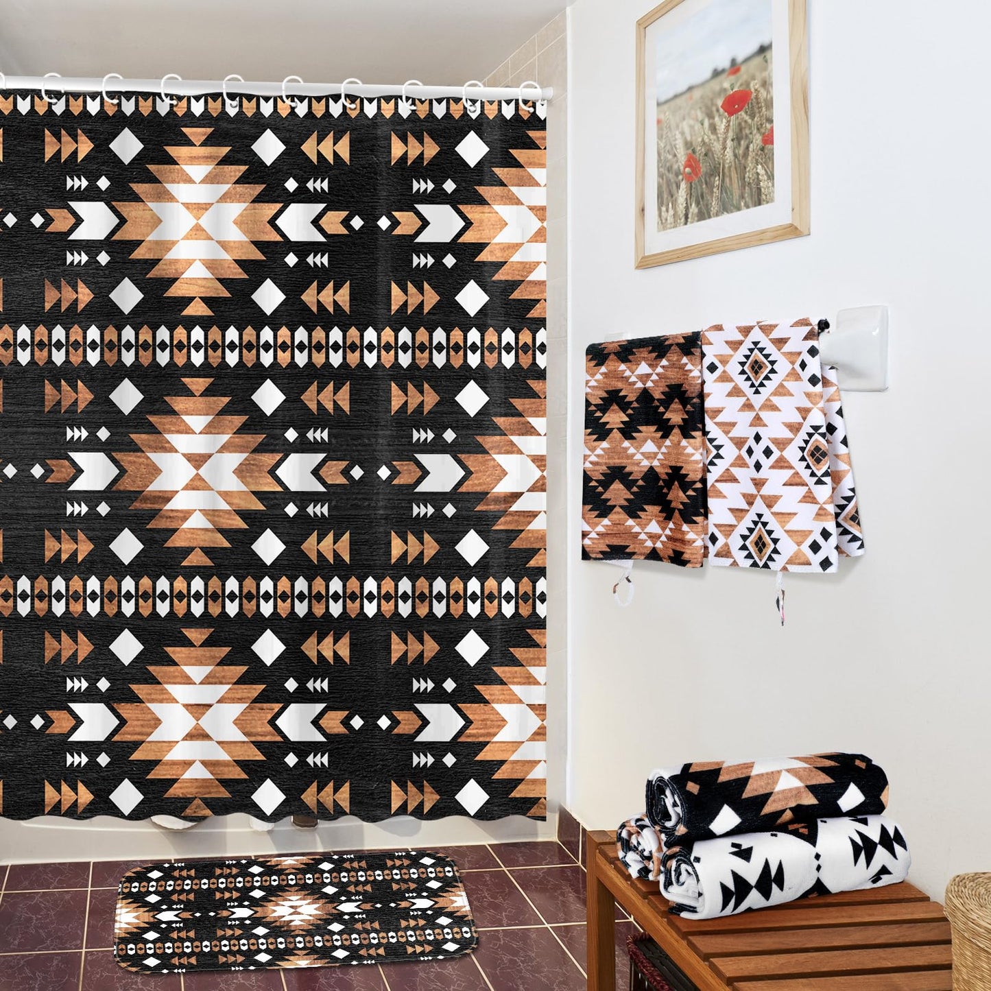 FuWeave 8 Pcs Western Aztec Shower Curtain Set, Southwestern Boho Geometric Bathroom Decor with Waterproof Curtain, Non Slip Rugs, Toilet Lid Cover, Bath Mat & 12 Hooks, Abstract Pattern for Bathroom