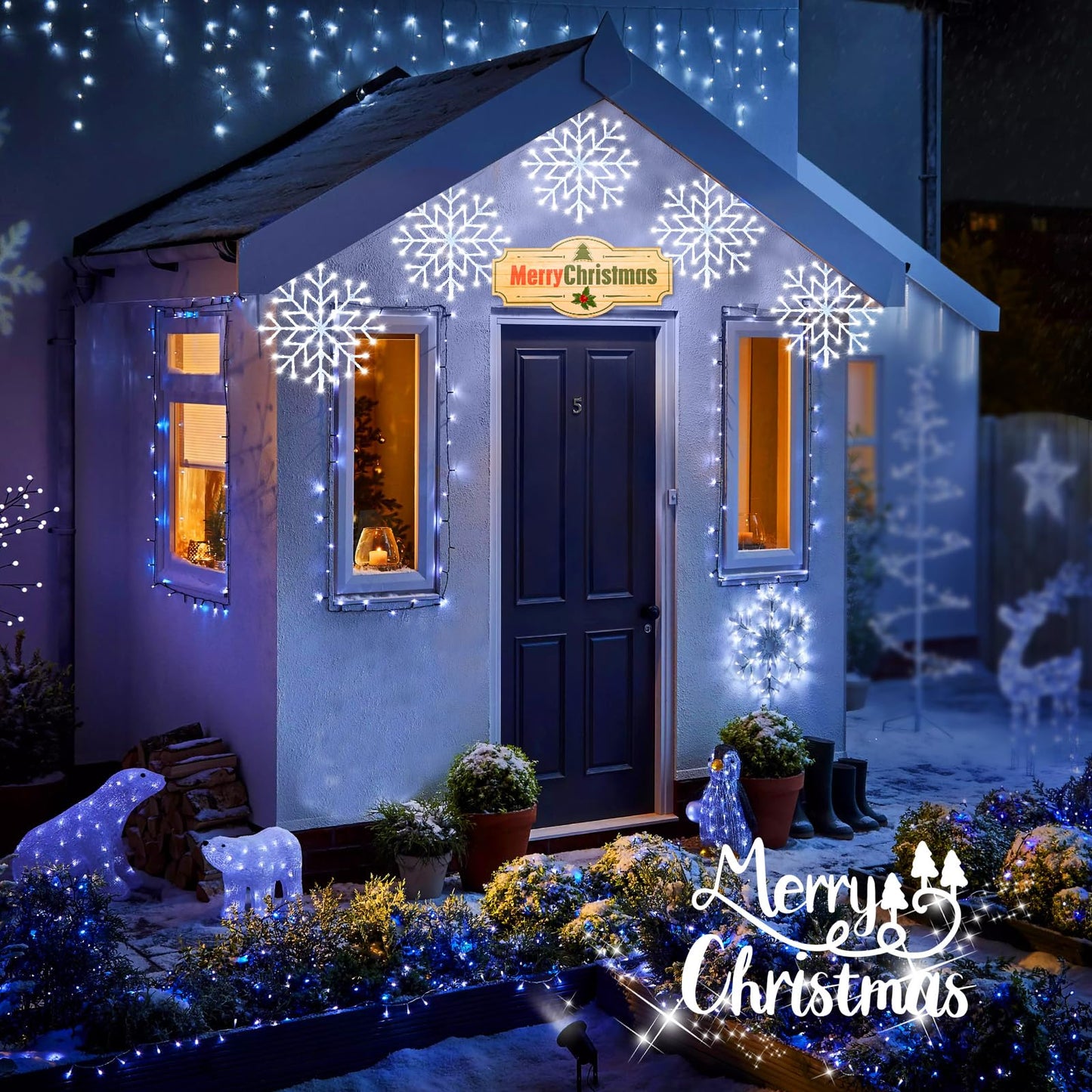 Brightown Christmas Snowflake Icicle Lights Outdoor - Plug-in 10.5ft 5 Drops 240LED Snowflake Window Light with 8 Modes, Hanging Lights for Indoor Outdoor Porch Eaves Rooftops Pergola Christmas Decor