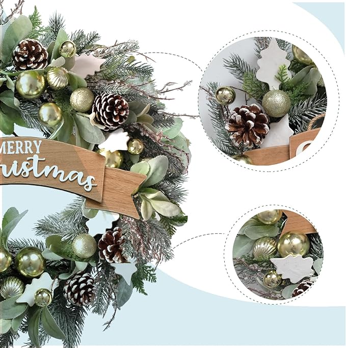 Christmas Wreath for Front Door 24" Green Leaf Wreath for Window Home Porch Farmhouse Garden Indoor Outdoor Decor with Ribbon Bow Flash Ball for All Season