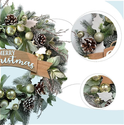 Christmas Wreath for Front Door 24" Green Leaf Wreath for Window Home Porch Farmhouse Garden Indoor Outdoor Decor with Ribbon Bow Flash Ball for All Season
