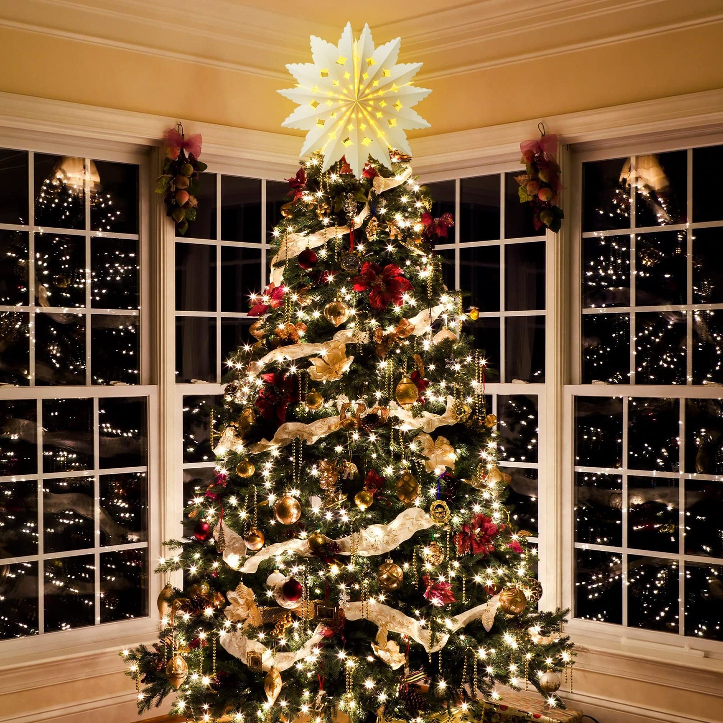 23.6 Inch Christmas Star Snowflake Paper Lantern with Light Timer Paper Lamp Party Supplies Hanging Decoration for Weddings Christmas Trees Birthday Holiday Party Celebration (Elegant Style)