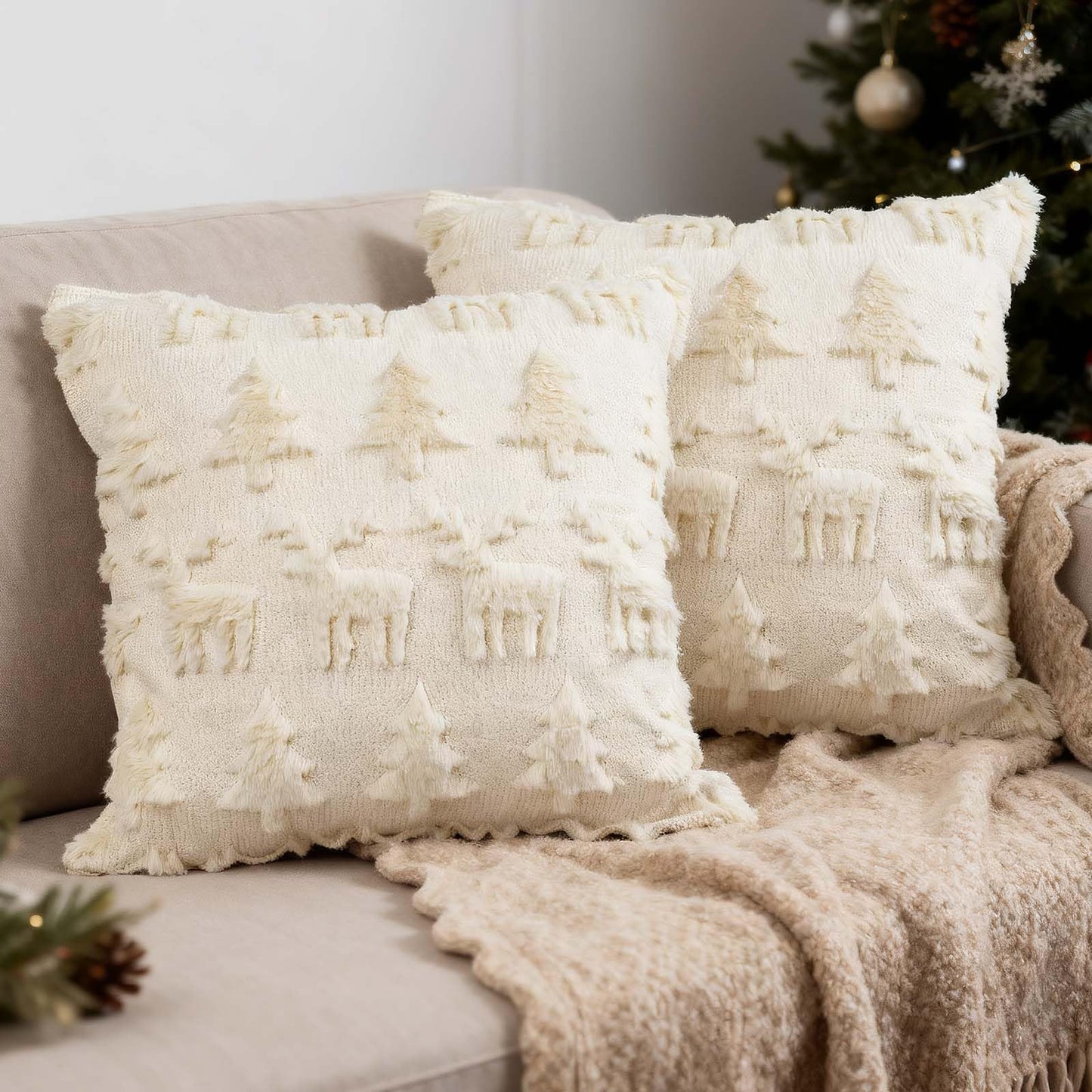 ONFAON Christmas Decorations - Christmas Tree Elk Deer Pillow Cover 18x18 Inches Set of 2, Xmas Soft Plush Short Wool Velvet Decorative Winter Holiday Farmhouse Outdoor Cushion Cases for Sofa Couch
