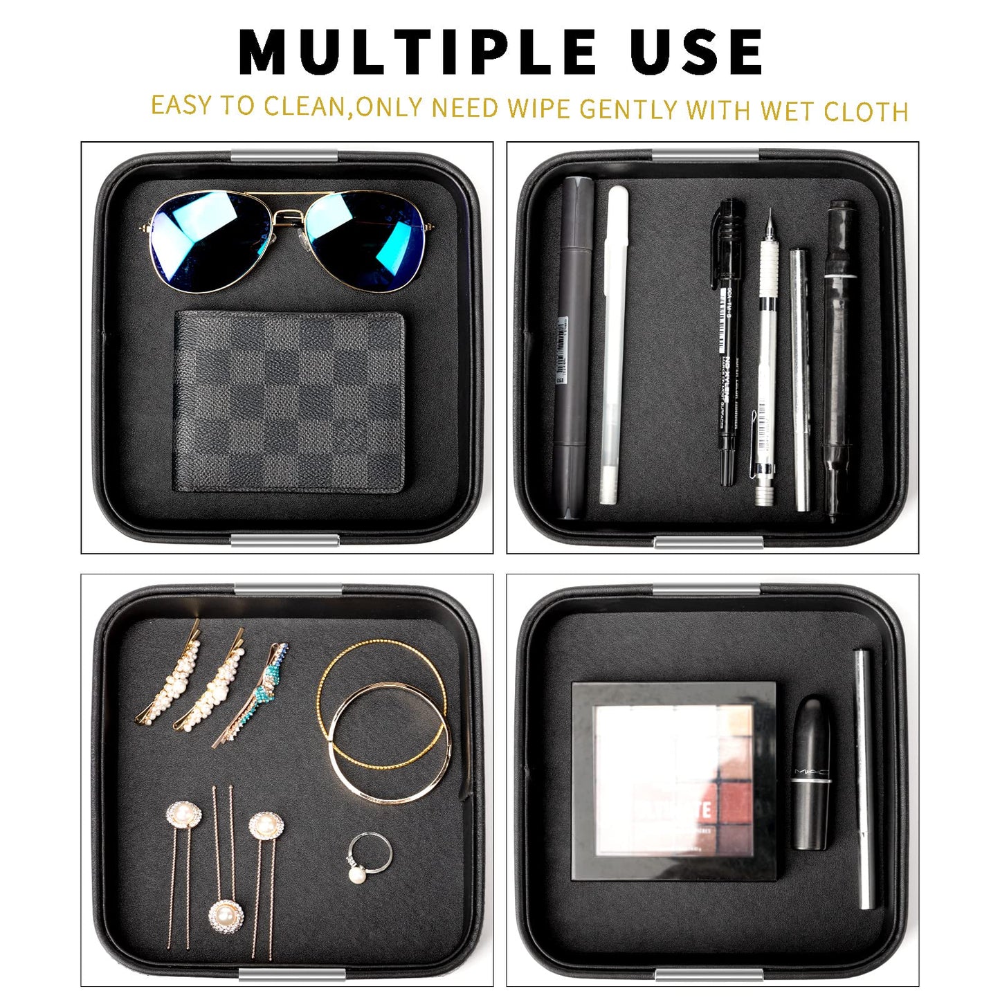 SANZIE Luxury Leather Desktop Storage Small Catchall Organizer Decorative Tray for Entryway Table to Hold Jewelry Watch Cosmetics Keys Phone Wallet, Home & Office Accessories (Metal Silvered, Black)