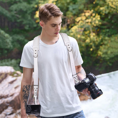 Padwa Lifestyle White Dual Camera Harness for Two Cameras - Wide Strap with Thick Shoulder Padded,Full Grain Leather Double Harness,Multi Camera Gear for DSLR Strap for Photographers
