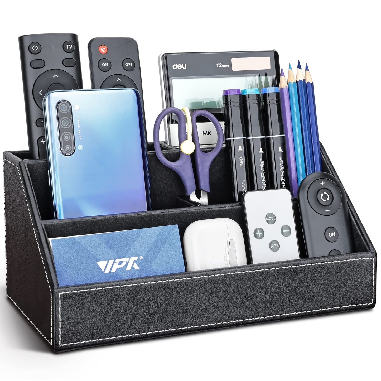 KINGFOM Pu Leather Desk Organizer with 5 Compartments Holder, Multi-Functional Office Supplies Storage Caddy for Pen/Pencil, Phones, Remote Controller and Desktop Accessorie Black