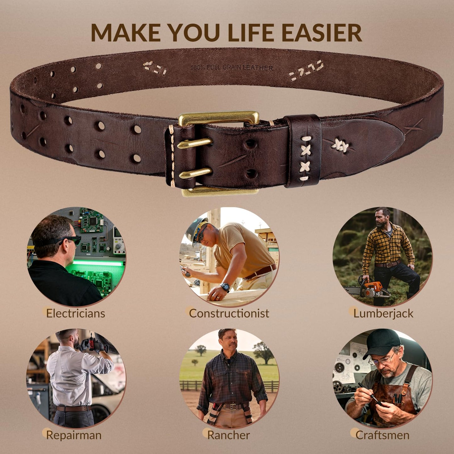 OZNDAS Real Leather Belts for Men Work Heavy Duty Double Prong Men's Belt Jeans Casual Mens Belts Leather Christmas Gifts Coffee Mens Leather Belt with Gold Buckle