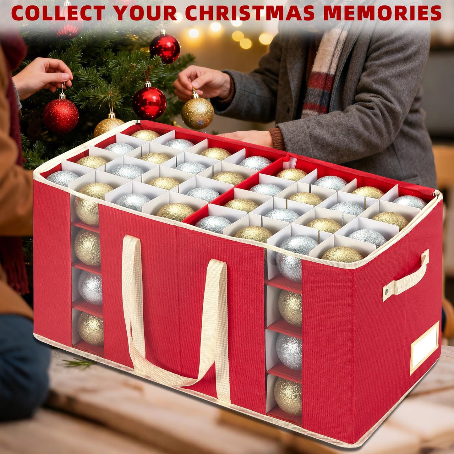 JY COOKMENT Christmas Ornament Storage Box with Adjustable Dividers, Large Holiday Ornaments Storage Container Bin with Zippered Top for Xmas Decorations (128-3" Balls, Red, Without Tray)