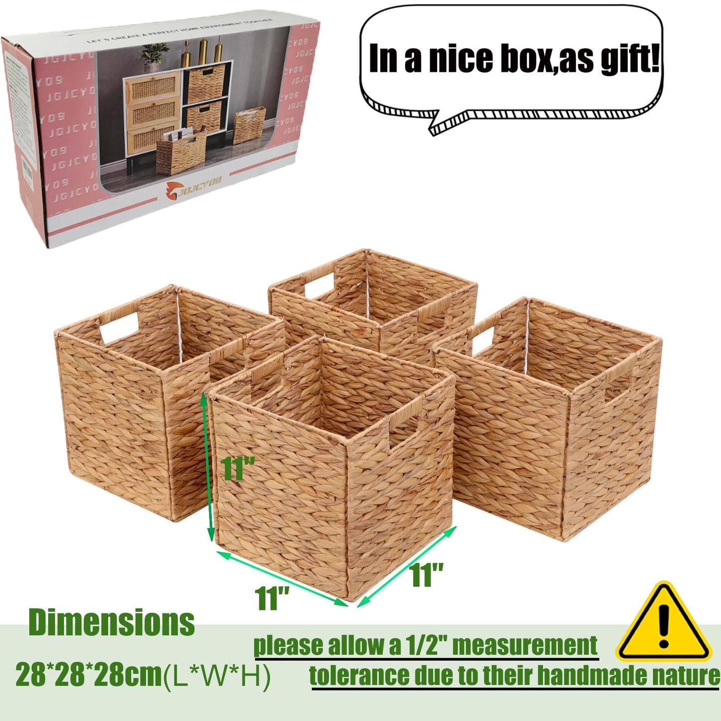 11x11in Storage Baskets 4 Pcs Square Baskets for Cube Shelf,Foldable Handwoven Water Hyacinth Storage Bins for Laundry Organizer