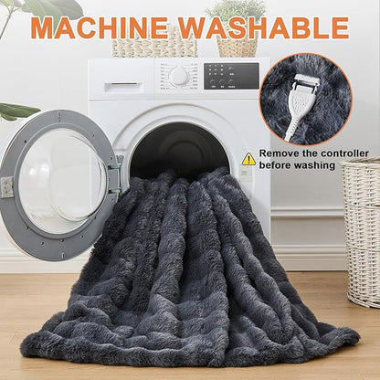 Heated Blanket Electric Throw Blanket 50''X 60''-Heating Blanket with 6 Heat Settings-4 Hours Auto Off,Cozy Faux Rabbit Fur Bubble Electric Blanket,Dark Gray