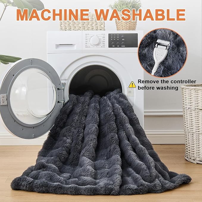 Heated Blanket Electric Throw Blanket 62''X 84''-Heating Blanket with 6 Heat Settings-10 Hours Auto Off,Cozy Faux Rabbit Fur Bubble Electric Blanket,Dark Gray