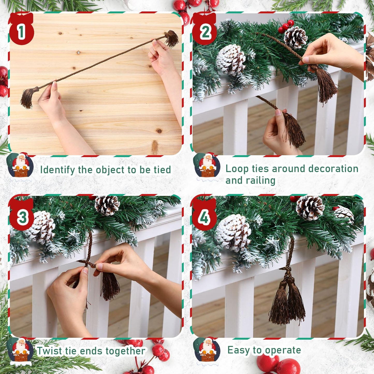 Zhengmy 15 Pcs 24 Inch Christmas Garland Ties with Tassels Decorative Twist Tie for Banister Reusable Flexible Twist Tie for Garland Fireplace Staircase Banister Home Xmas Holiday Decorations (Brown)