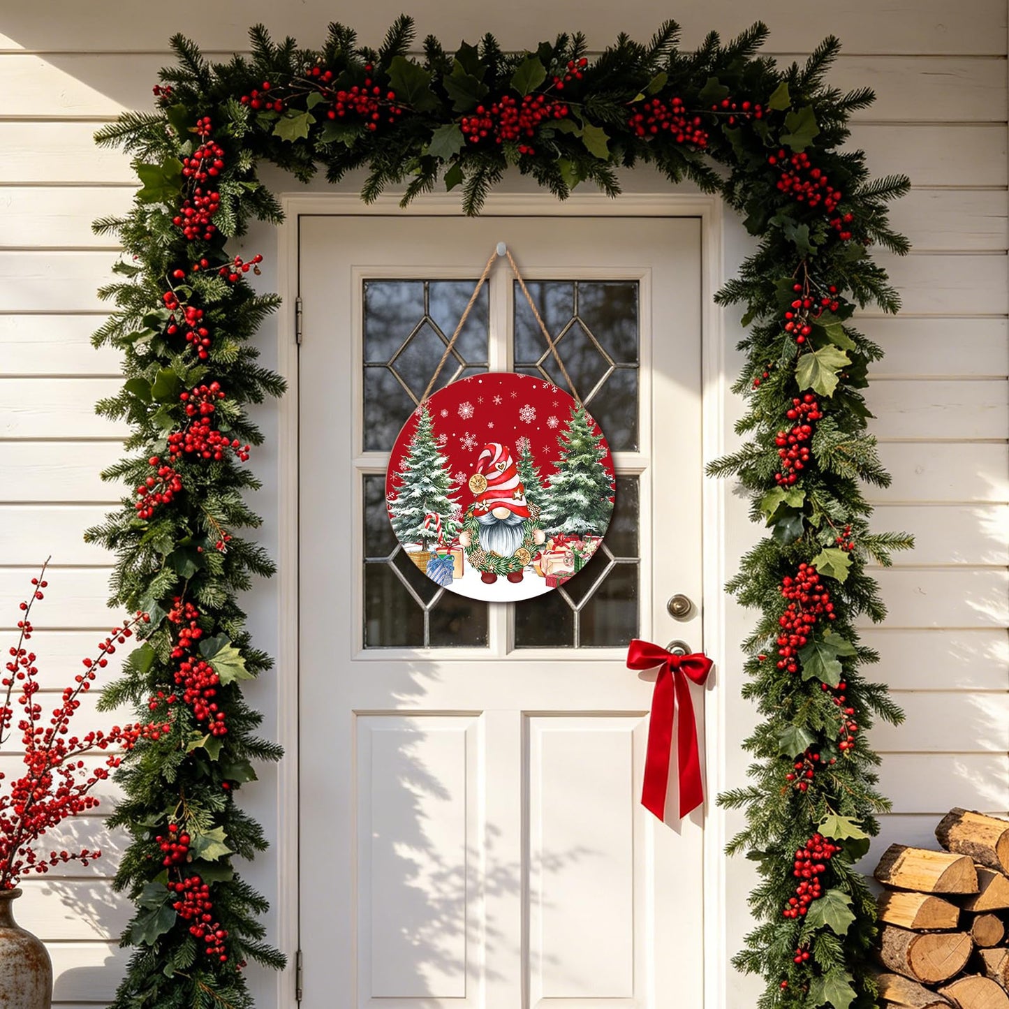 Christmas Gnome Welcome Sign - Merry Christmas Door Hanger, 12'x12' Wooden Hanging Sign for Front Door, Porch Decor, Winter Wreath