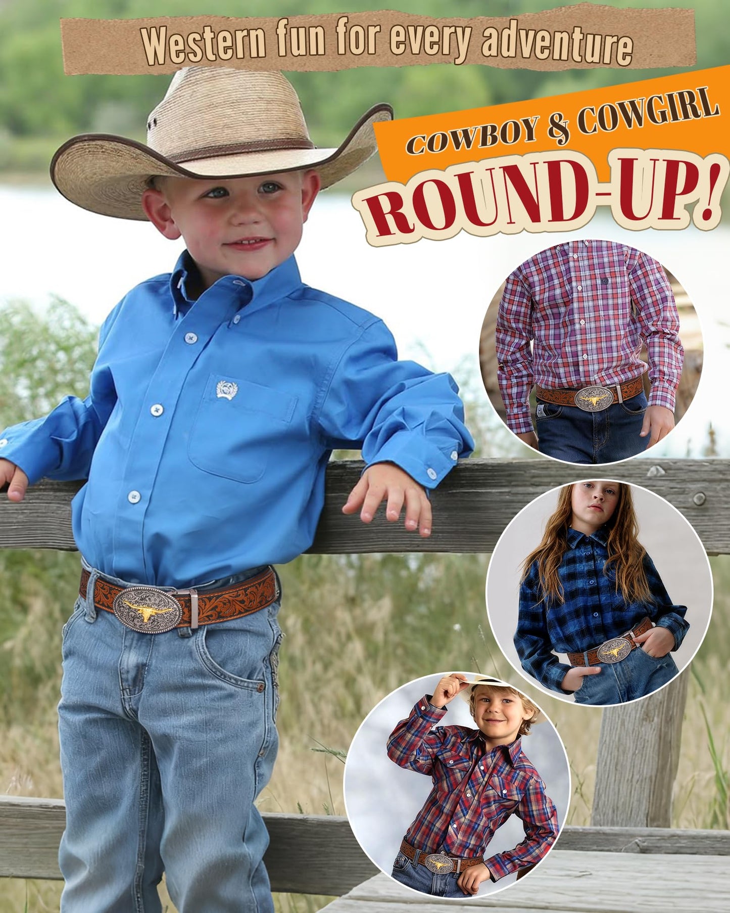 AWAYTR Kids Ratchet Western Belt - PU Leather Cowboy Belt Adjustable Toddler to Big Kid Sizes for Jeans (Gunmetal Gold Cow-Brown, Fit Waist: 23"-26")