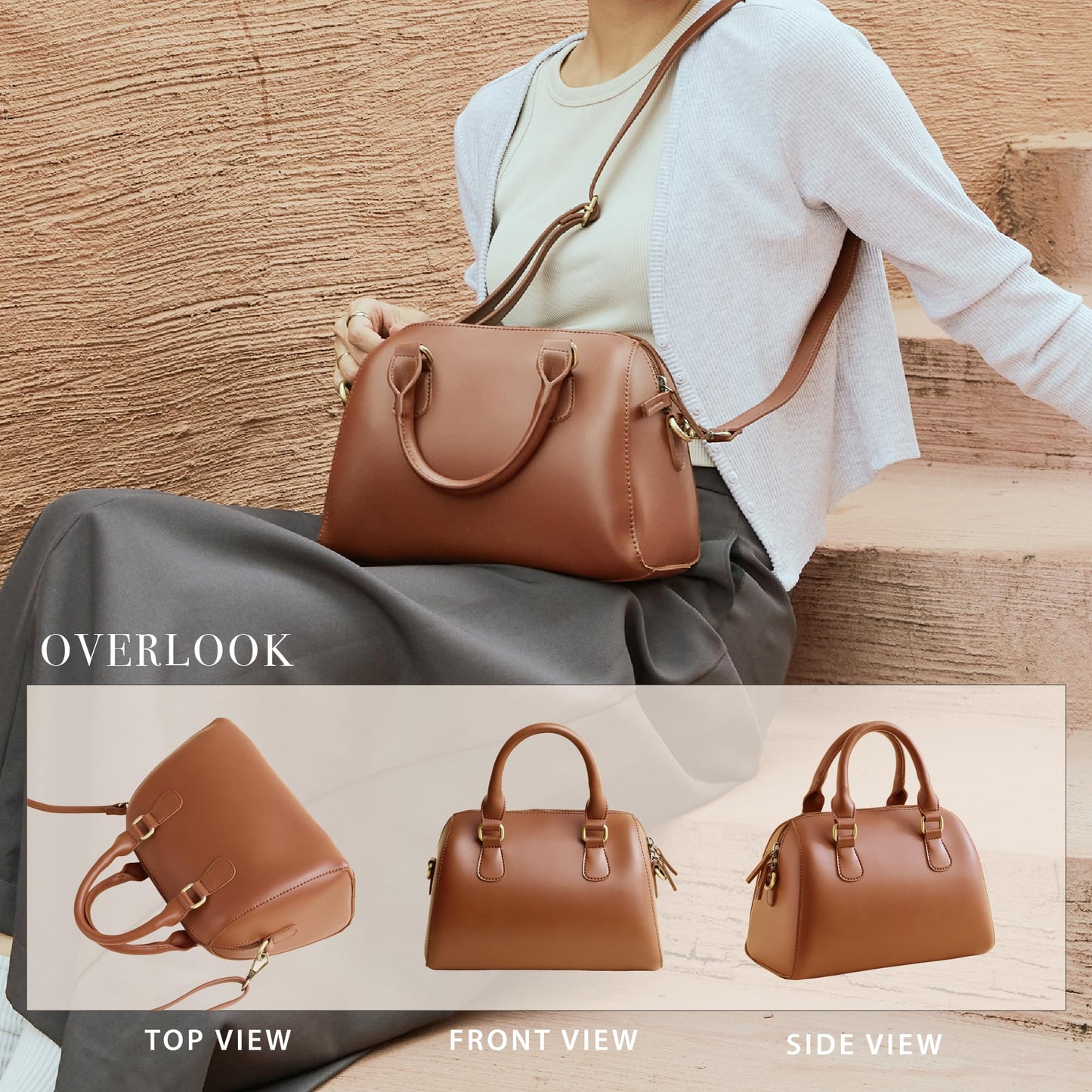 Vintage Vegan Leather Boston Bag for Women (BROWN)