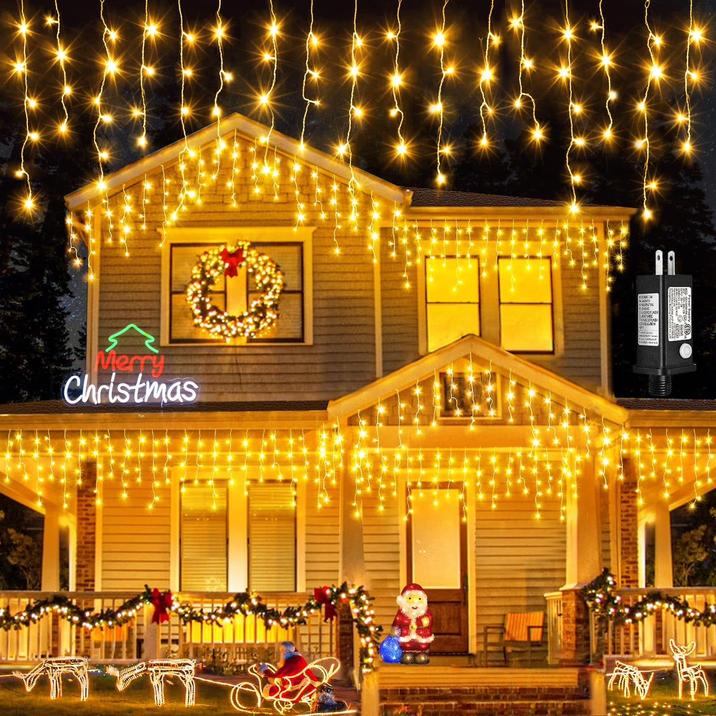 Einiiya Icicle Lights for Outside 33ft 400 LED Icicle Christmas Lights Outdoor 8 Modes with 75 Drops, Plug in Christmas Light for House Party Holiday Fence Xmas Outside Indoor Decorations, Warm White