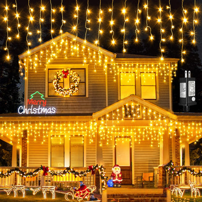 Einiiya Icicle Lights for Outside 33ft 400 LED Icicle Christmas Lights Outdoor 8 Modes with 75 Drops, Plug in Christmas Light for House Party Holiday Fence Xmas Outside Indoor Decorations, Warm White