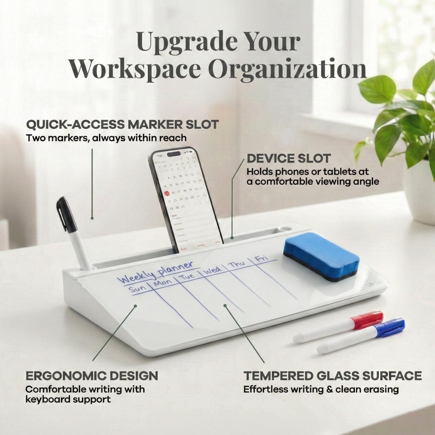 Birch Small Desktop Glass Whiteboard & Magnetic Calendar – Dry Erase Desk Pad Keyboard Stand with Storage, Adjustable Dividers, 3 Markers & Eraser – Office, Home & School (Cloud)