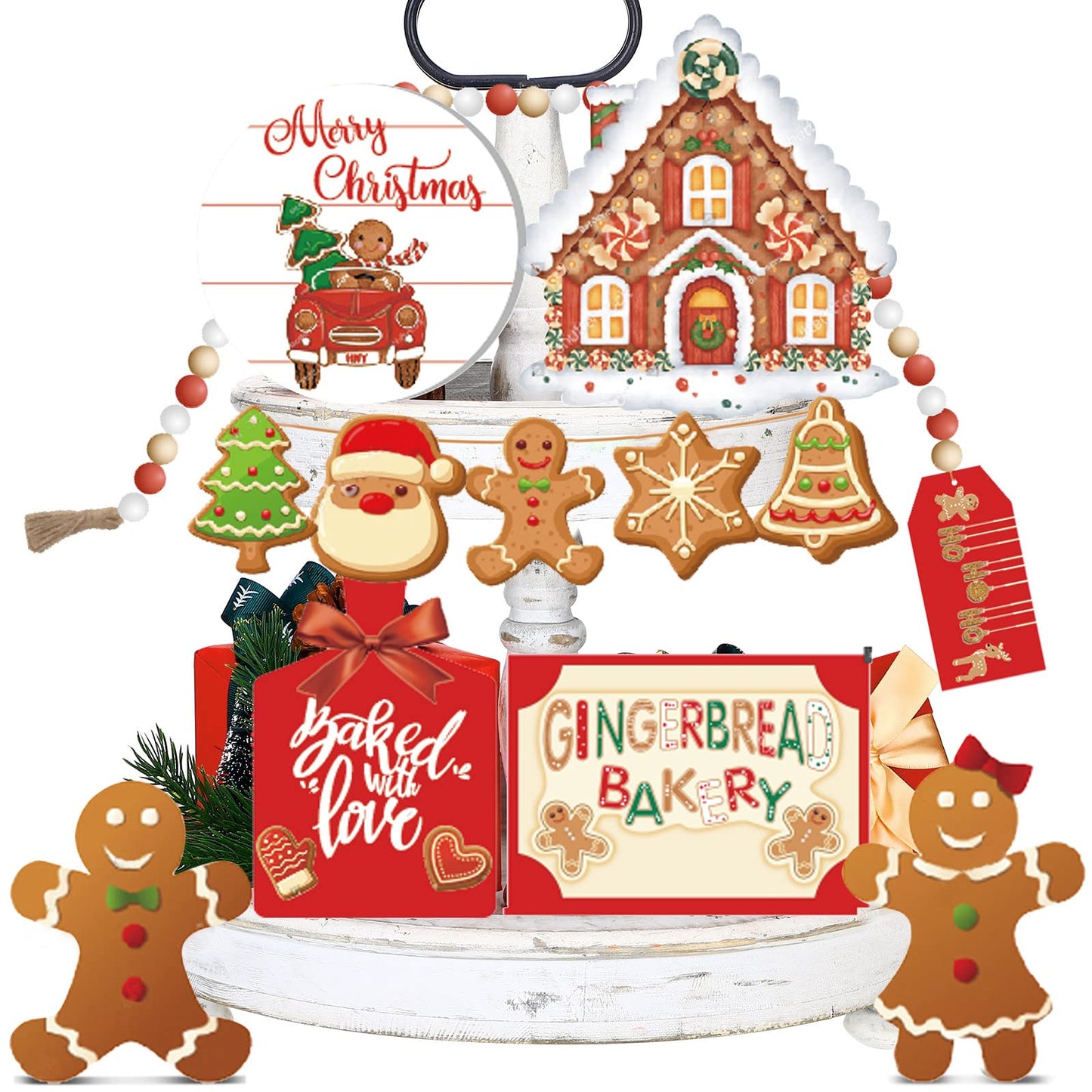 Bucherry 12 Pieces Christmas Gingerbread Tiered Tray Decor, Gingerbread House Xmas Tree Wooden 3D Signs, Winter Rustic Wood Farmhouse Tabletop Decorations for Home Table Shelf Centerpiece