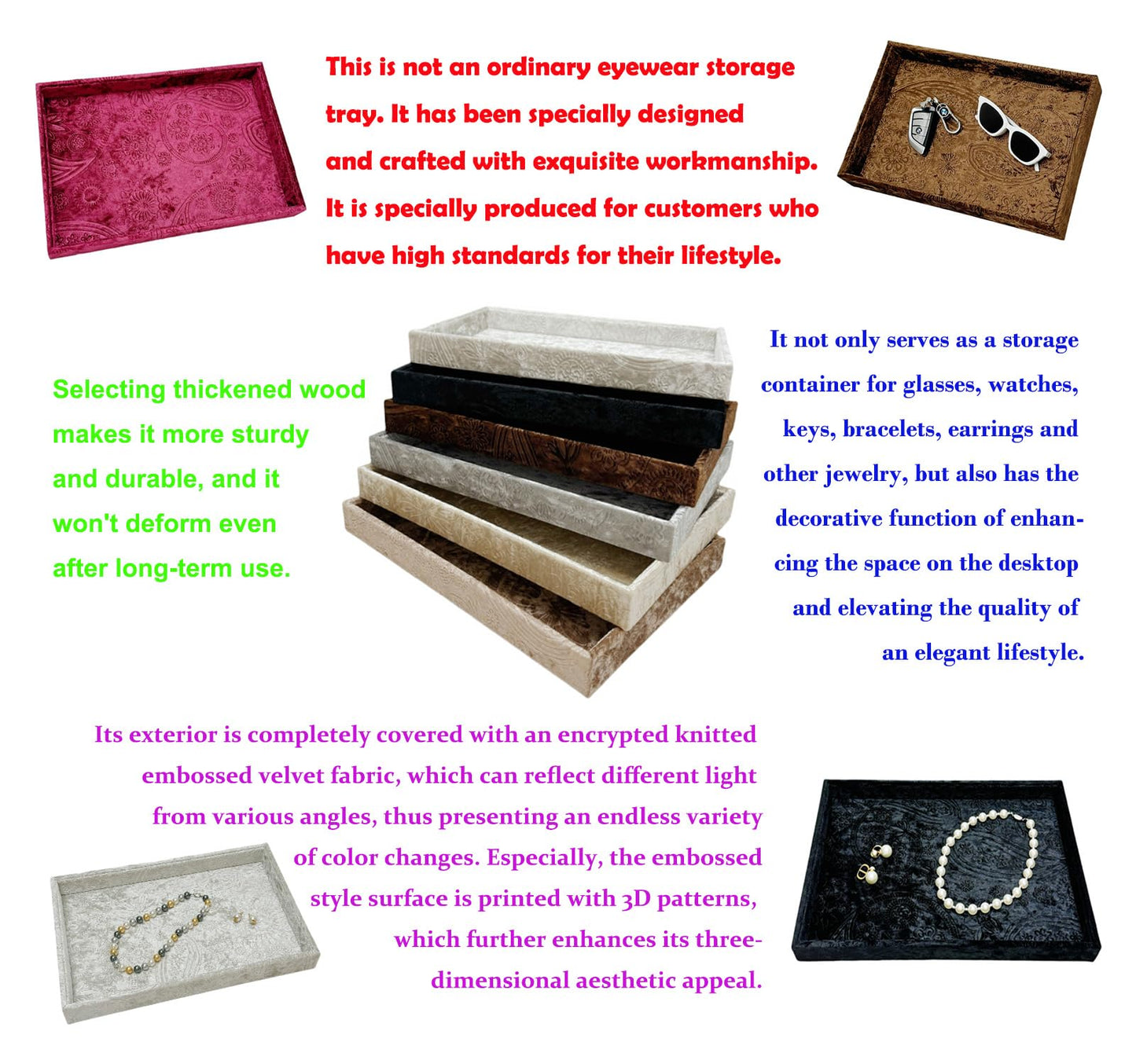 AgentMoon Luxurious Decorative Jewelry Tray,Commodity Display Board,Bedside Storage Tray for Eyeglasses Phone Watch Bracelet Earring Keys.Luxury Extra Velour (Embossed Red)