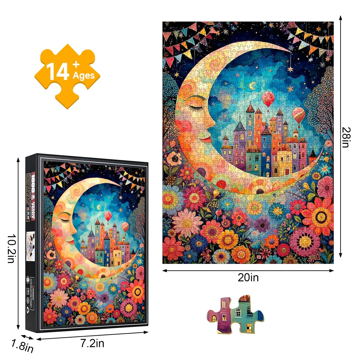 1000 Piece Jigsaw Puzzle, Moonlit Town with Colorful Houses & Flowers