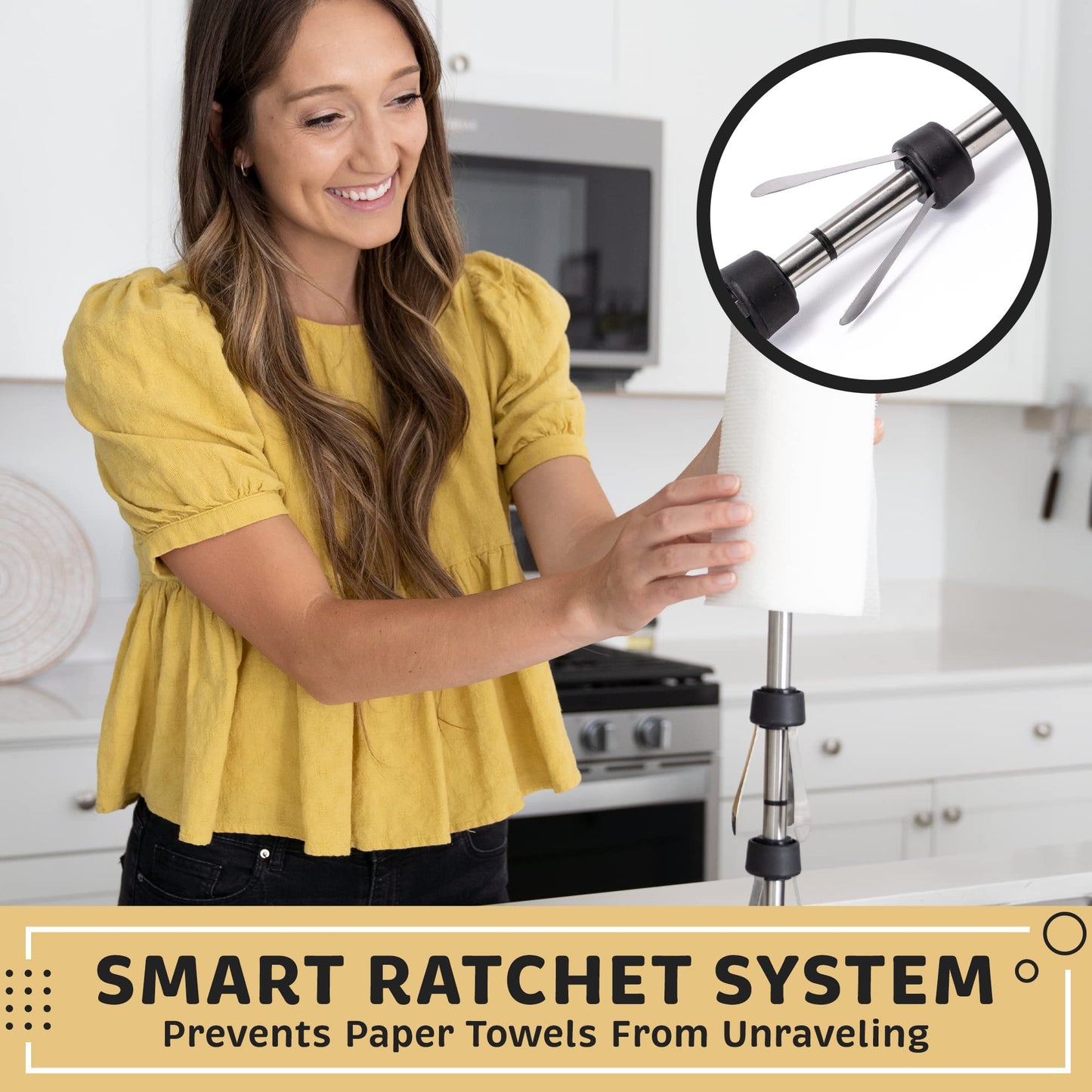 Heavy-Duty Stainless Steel Paper Towel Holder - Easy One-Handed Tear with Suction Cups - Modern Weighted Standing Countertop Dispenser for Kitchen - Holds All Paper Towel Rolls, Silver