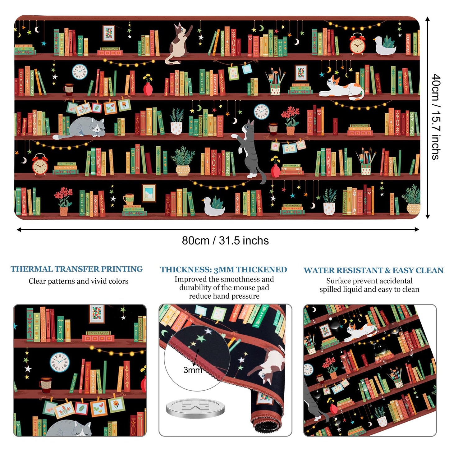 Desk Mat, Desk Matt for Desktop Bookshelf Cat XXL Extended Large Gaming Mouse Pad for Desk, Anti-Slip Desk pad Mat with Stitched Edges, Keyboard Mouse Mat for Computer, Work, Office, Gaming