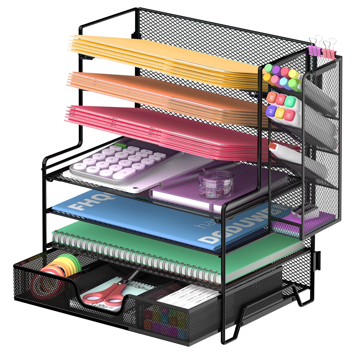 ReePlan 4 Tier Desk Organizer + 3 Tier File Holder + 4 Pen Holders + Drawer, 7 Tier Desk File Organizers, Desk Organizers and Accessories for Office Home School, Black
