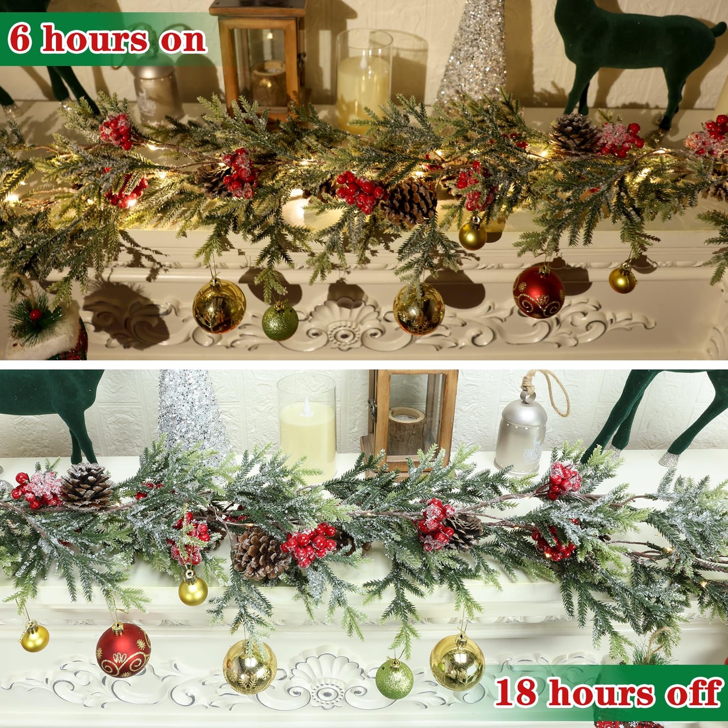 6FT Christmas Garland with Lights, Christmas Decor Pre-lit Artificial Pine Garland with Battery Operated Timer, Decorations Indoor Outdoor Home Holiday Flocked Garland for Mantel Window Stairs Wall
