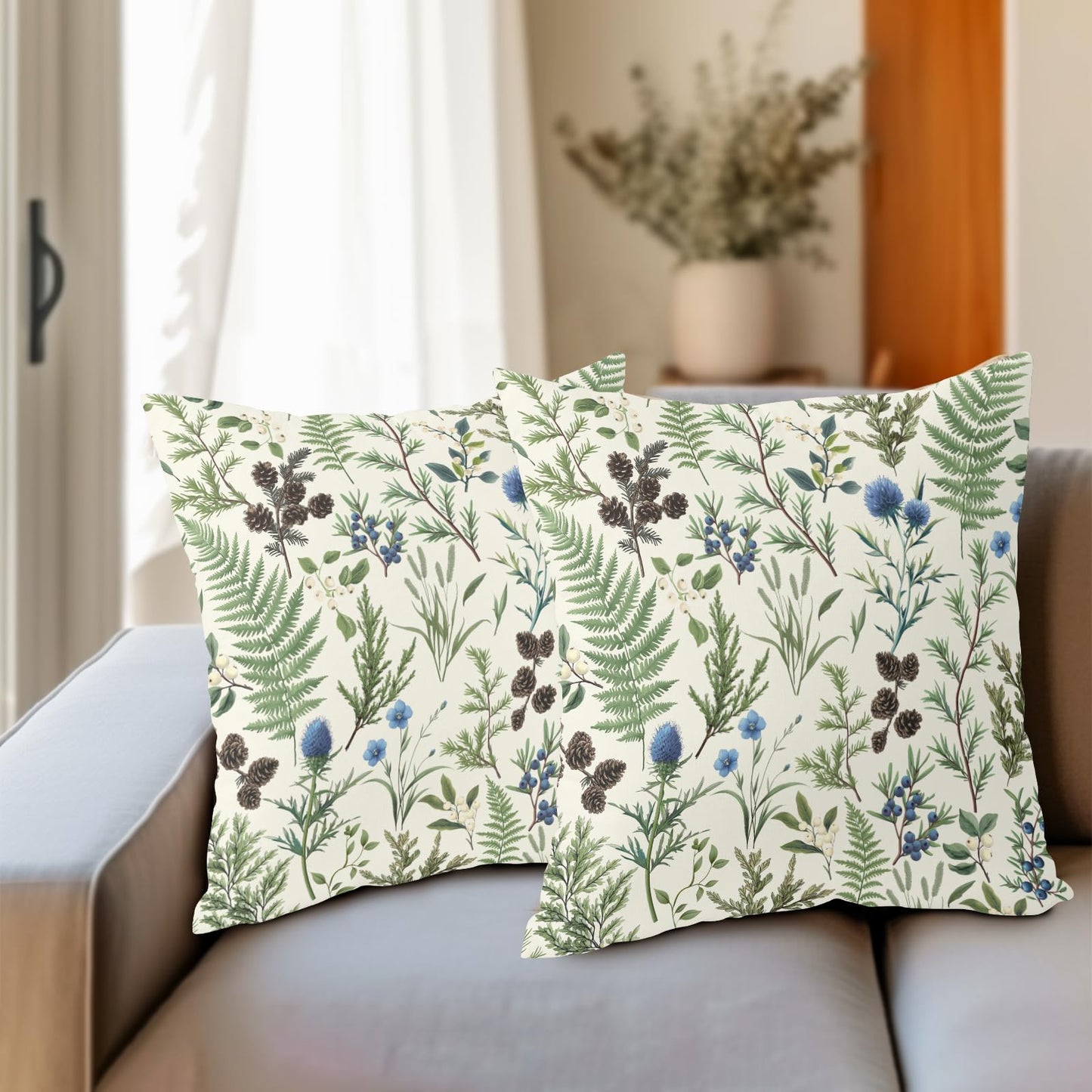 Barneova Spring Summer Pillow Covers 22x22 Inch Set of 2 Green Floral Botanical Decorative Outdoor Throw Pillows Farmhouse Flower Pillowcases Cotton Linen Cushion Covers for Couch Sofa Bed Home Decor