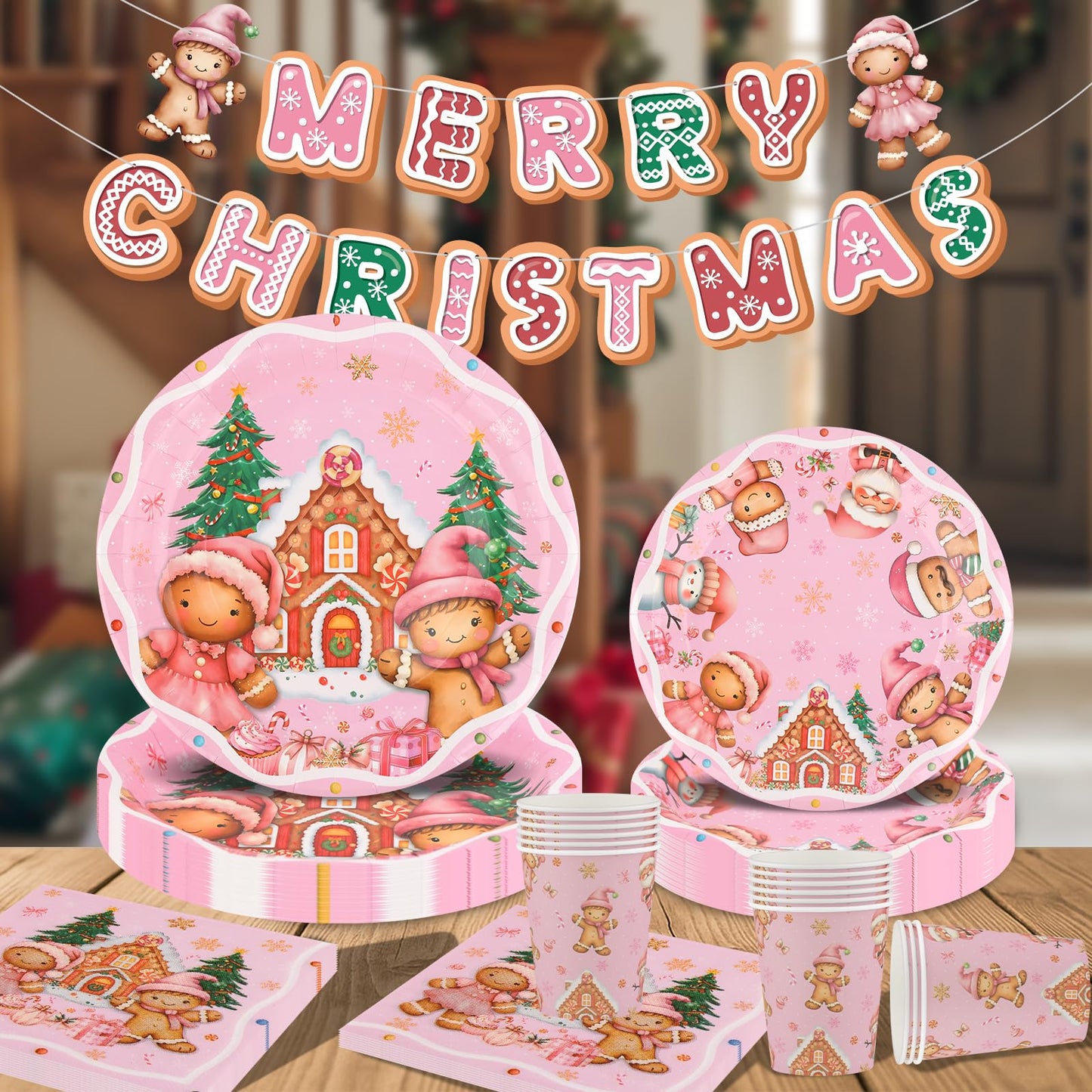 Arosche Christmas Gingerbread Party Decorations Set for 24-Disposable Paper Plates and Napkins, Cups, Garland, Tablecloths, Merry Christmas Party Supplies for Xmas Winter Birthday Table Decor