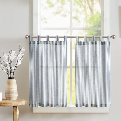 jinchan Tab Top Linen Kitchen Curtains 24 Inches Striped Tier Curtains Farmhouse Modern Cafe Style Small Window Treatments Airy Light Filtering Rod Pocket for Living Room Bathroom 2 Panels Blue