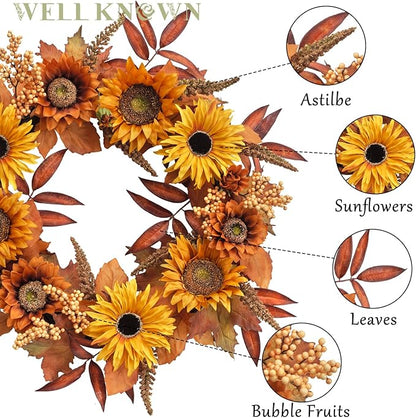 WELL KNOWN 21 Inch Burnt Orange Sunflower Wreaths for Front Door, Summer and Fall Door Wreath, Handmade Silk Sunflower Decor for Home Party Festival Wedding Decor
