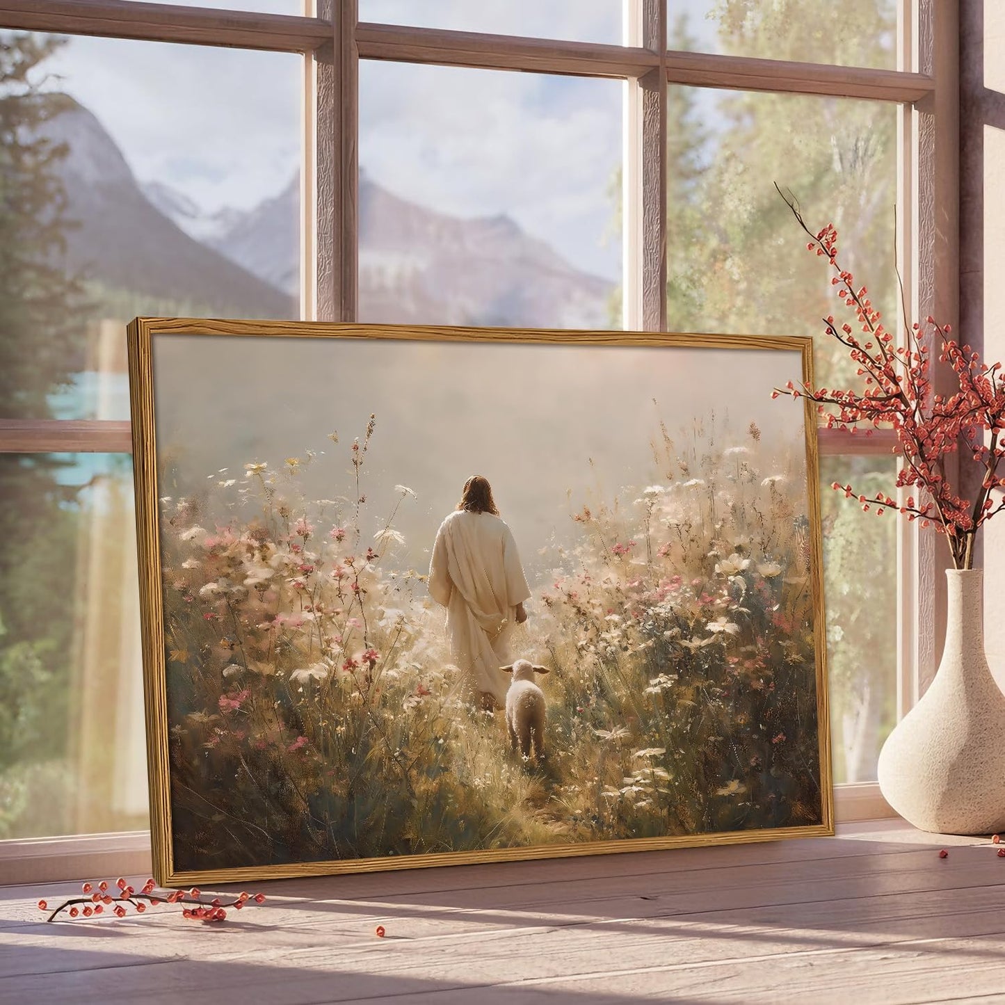 Jesus Leaves the 99 Sheep Wall Art, Christian Jesus and Lamb Pictures Wall Decor Paintings, The Lost Sheep Canvas Prints Religious Home Decor Living Room Bedroom Church Wood Framed 12x16 inch