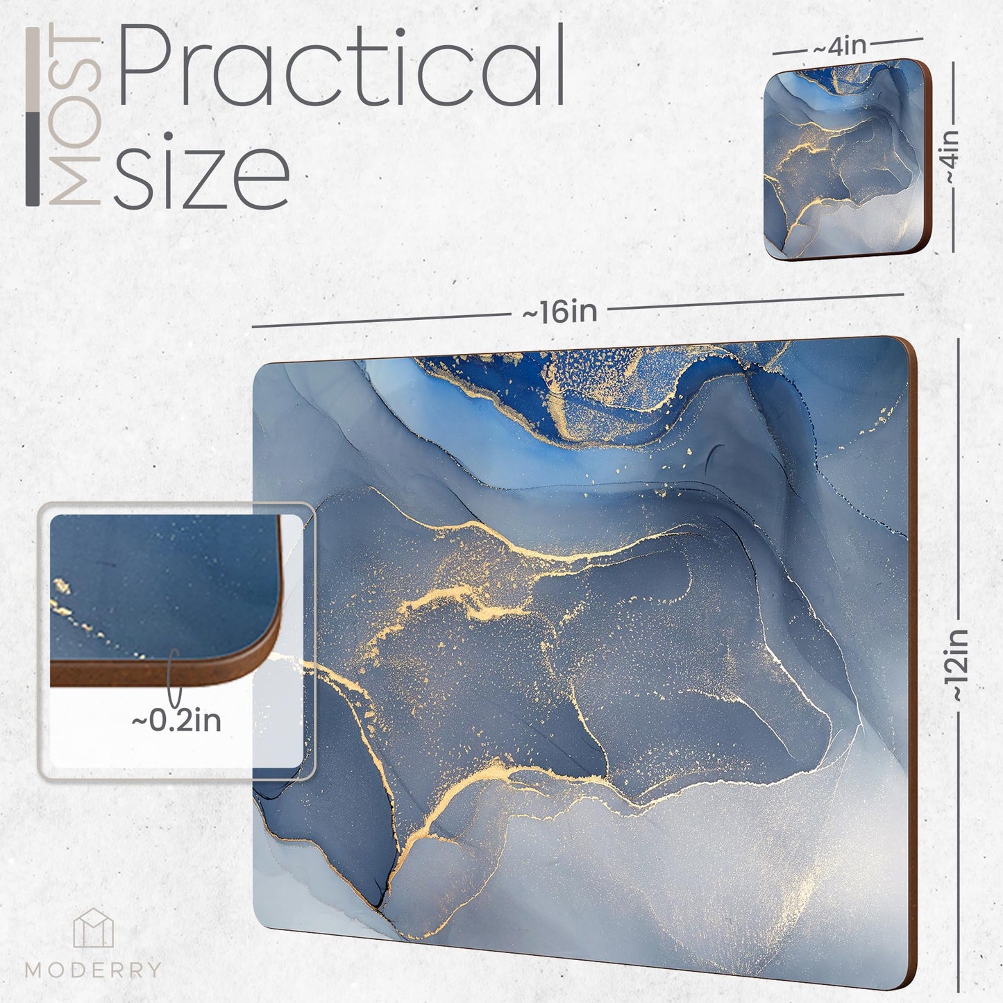 Moderry Set of 4 Heat Resistant Cork Placemats for Dining Table with Free Set of 4 Matching Drink Coasters Marble Design 16 x 12 Inches Cork Backed Hard Placemats (Blue & Gold)