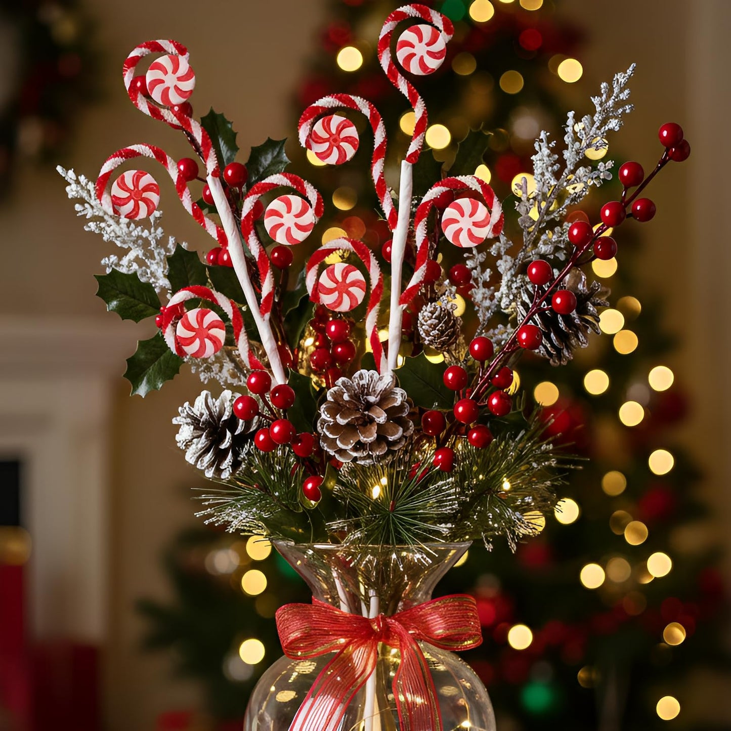Suncalla 12 Pcs Red White Candy Cane Christmas Picks 16" Large Furry Spiral Curly Sprays Elf Ornaments Stems for Christmas Tree Topper Filler Party Vase Filler Wreath Garland