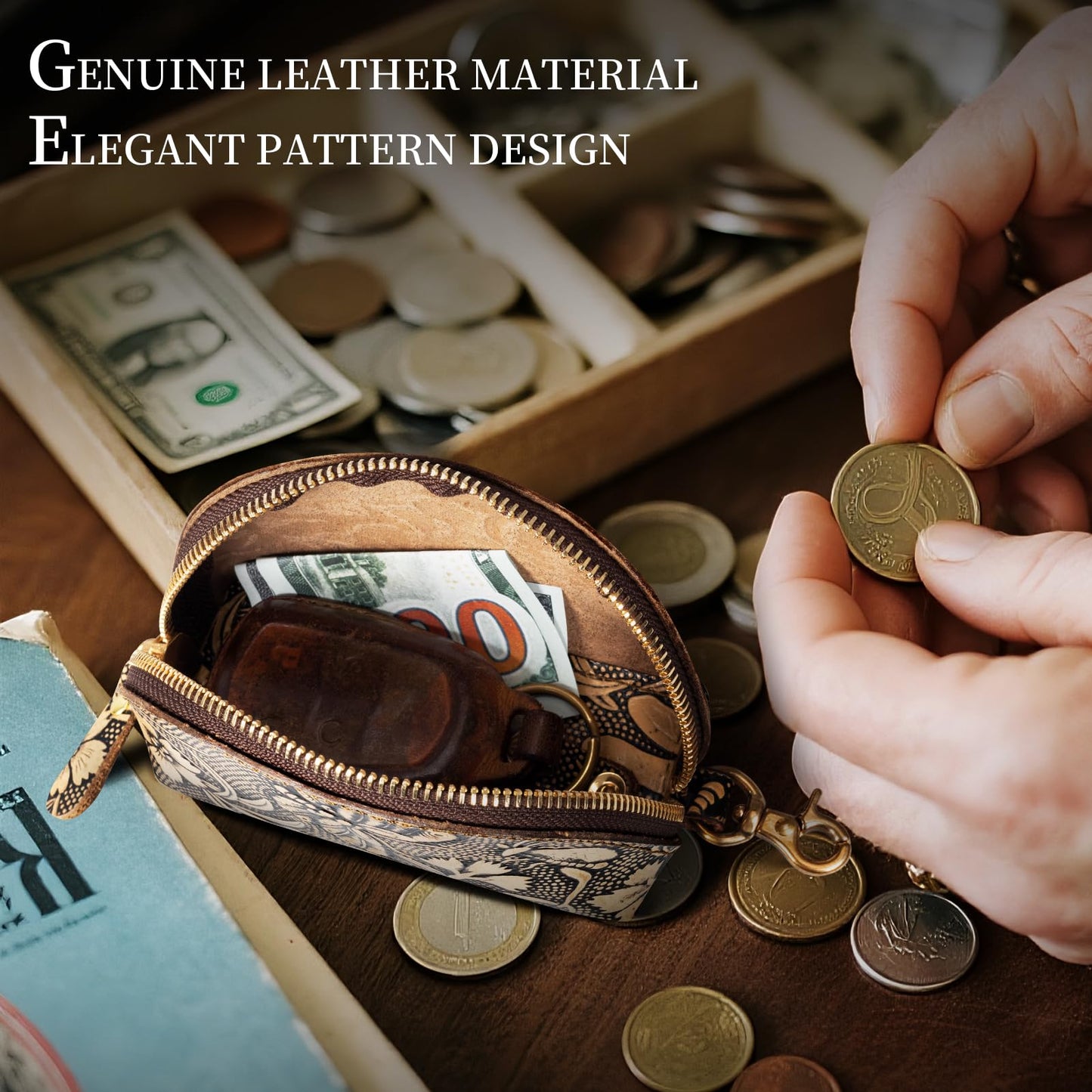 Gexmil Genuine Leather Coin Purse with Zipper, Full Grain Leather, Mini Coin Pouch for Women Men, Change Wallet,Butterfly Grey