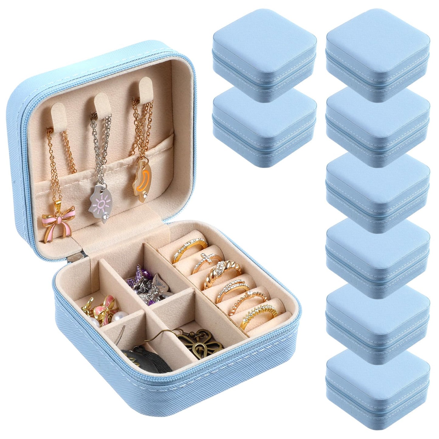 8 Pack Travel Jewelry Case Small Travel Jewelry Box Bridesmaid Gifts Jewelrys Box, PU Leather Small Jewelrys Case Organizer Storage for Rings Earrings Necklaces, Beauty Gifts for Women Girls (Blue)
