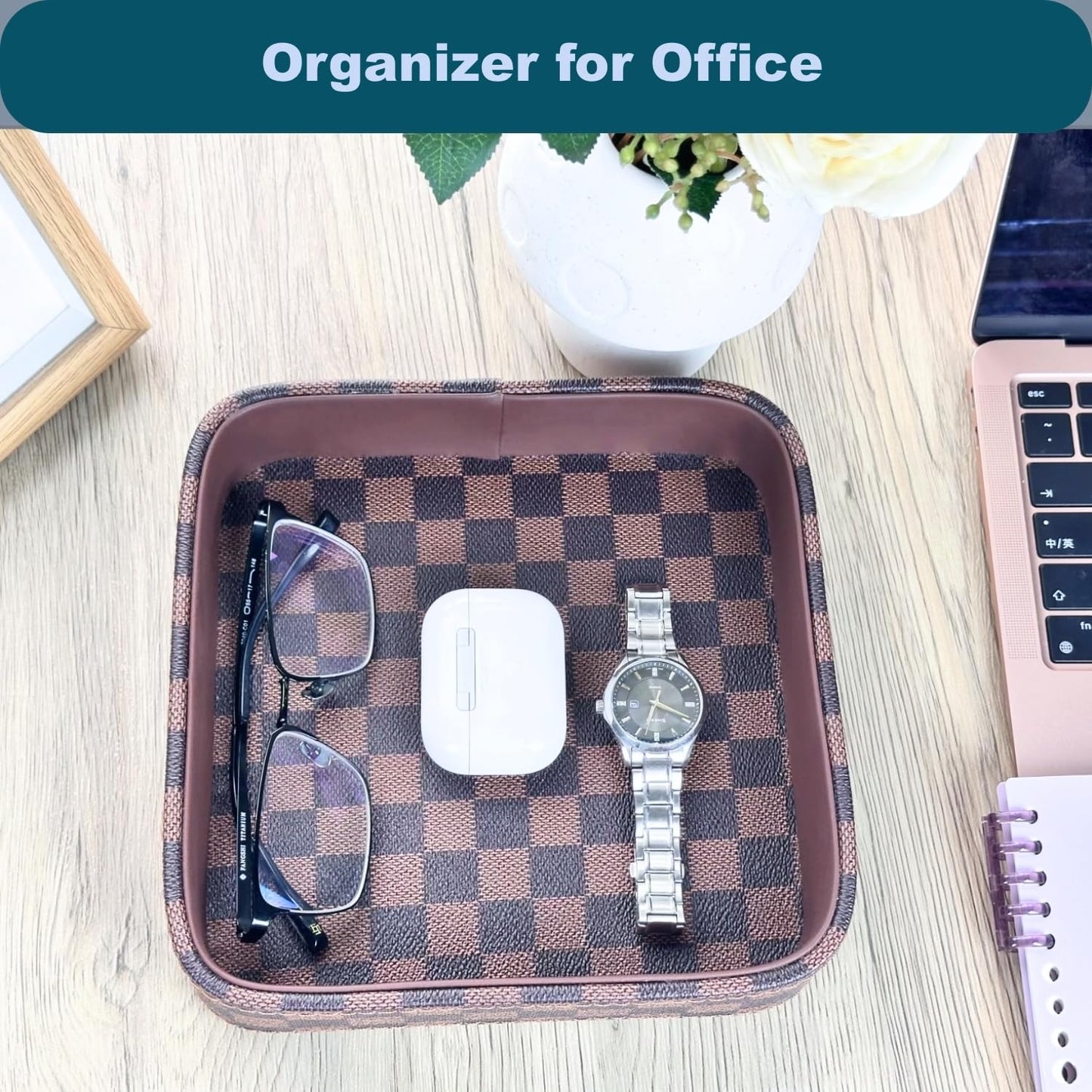 NAKOR HOME Leather Valet Tray for Men (Solid Wood Inside), Key Trays Bowl for Entryway Table, EDC Catch All Dish, Organizer Decorative Tray for Cologne Jewelry Perfume Watch Wallet- Brown Checkered PU