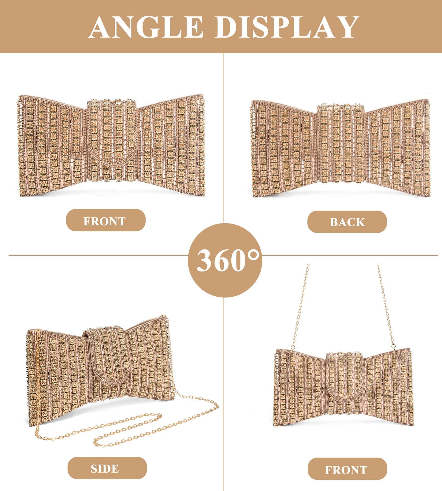 Sweetovo Sparkling Rhinestone Clutch Purse for Women, Elegant Bowknot Shaped Crystal Evening Bag for Wedding Prom Party (B-Champagne Gold)