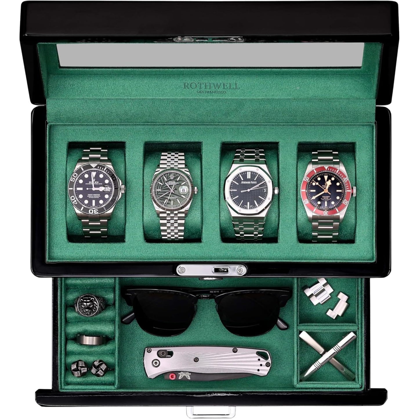 ROTHWELL 4-Slot Piano Black Watch Box with Valet Drawer - Premium Jewelry Display Case Organizer with Locking Glass Top and Microsuede Liner for Men & Women (Green Interior)