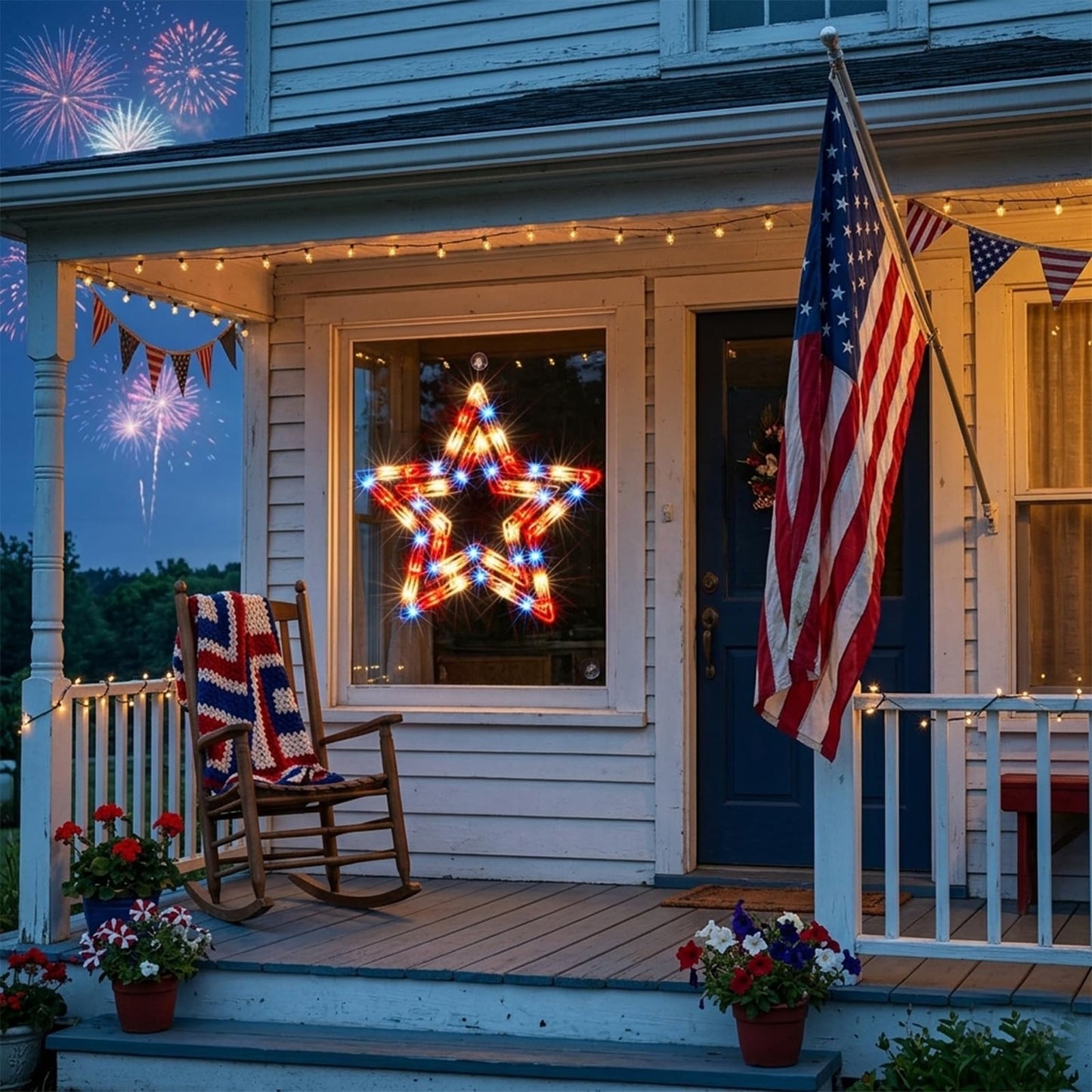 GLOWNOVA 50 Lights Lighted Red White and Blue 4th of July Star Window Silhouette Decoration
