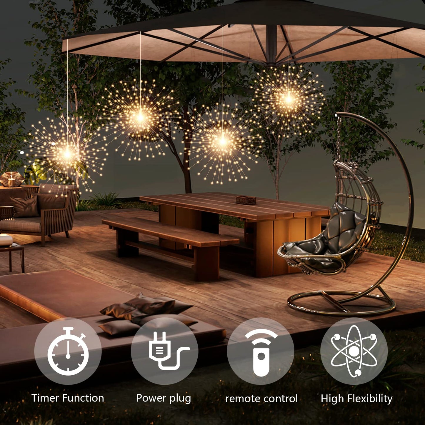 SHUKAN 4 Pcs 800 LED Plug-in Starburst Sphere Lights, Firework Light 8 Modes Dimmable Remote Control Waterproof Hanging Fairy Light, Copper Wire Lights for Patio Party Tent Christmas (Warm White)