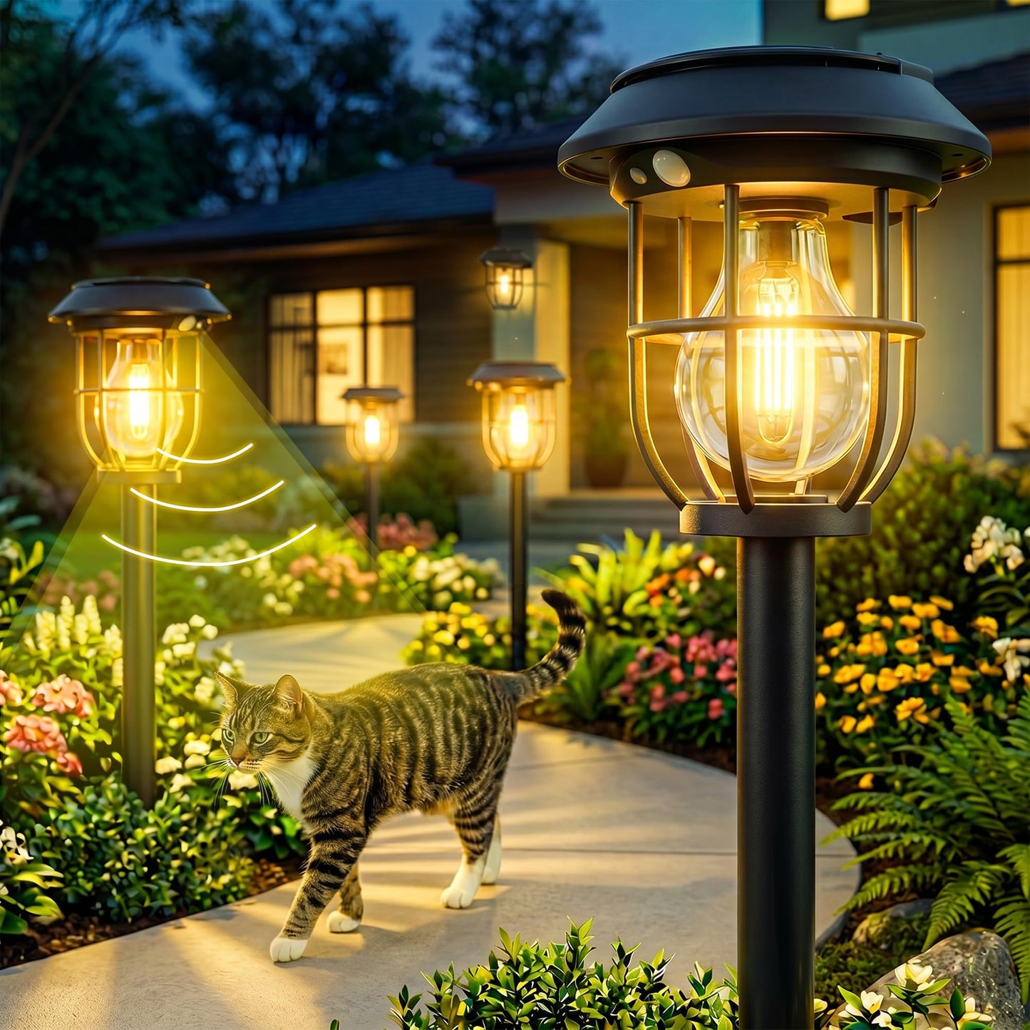 Icnice 8 Pack Solar Pathway Lights with Motion Sensor, 300LM Waterproof Outdoor Solar Lights, 3 Modes Landscape Lighting for Garden Backyard Path Driveway, Wall Mount and Hanging (Warm)
