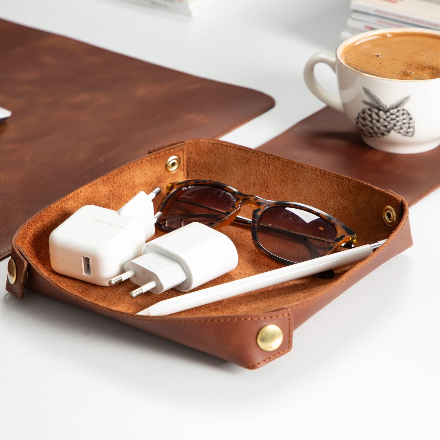 Node Leather - Genuine Leather Desk Mat (32" x 16"), Desk Organizer & Cup Coaster - Leather Office Set - Premium Handmade Office Accessories for Elegant Workspace - Brown