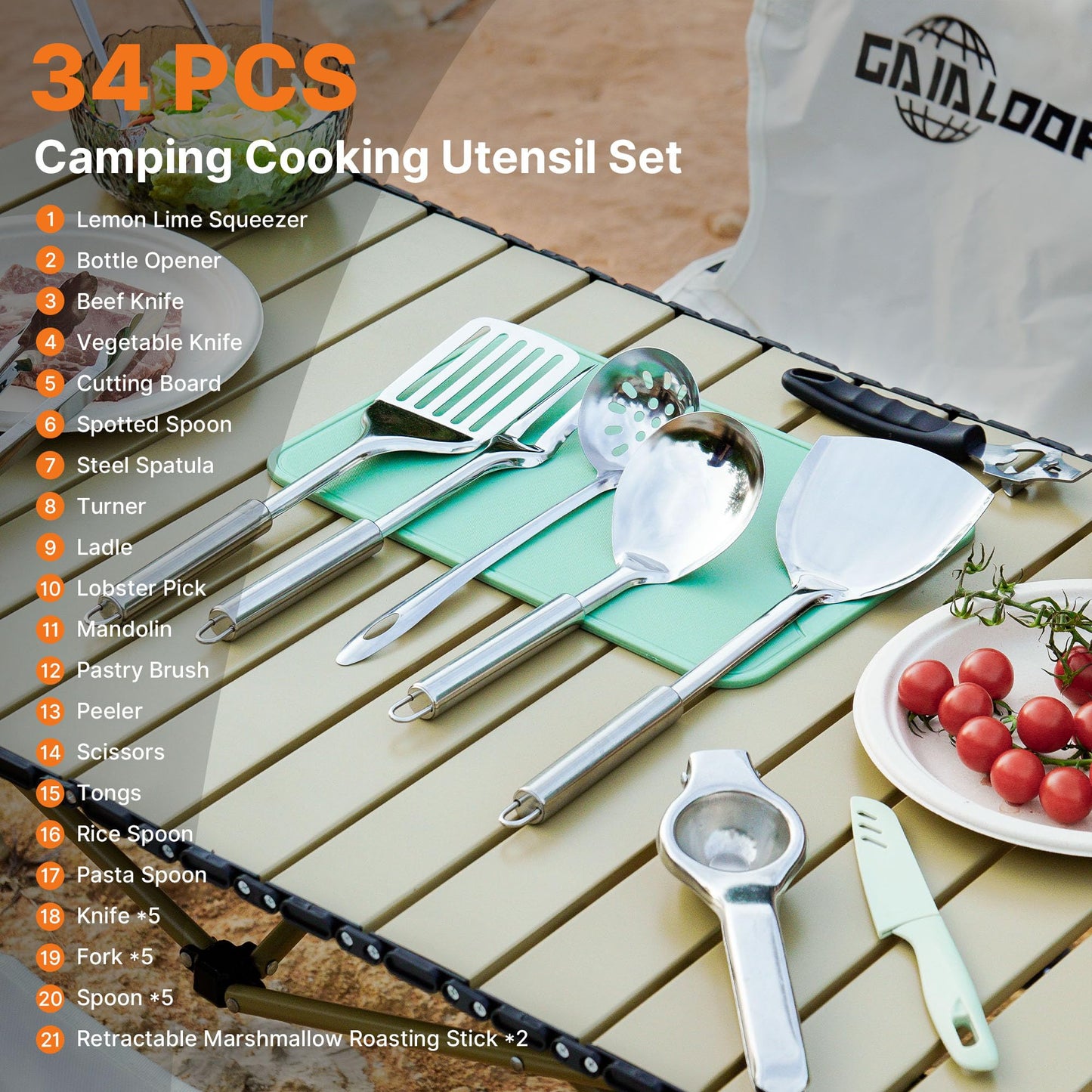 Gaialoop Camping Cooking Utensils Set 34 PCS Camp Kitchen Cookware Kit with Organizer Bag, Portable RV Camping Essentials Camper Must Haves for Cookouts Open Fire Pit